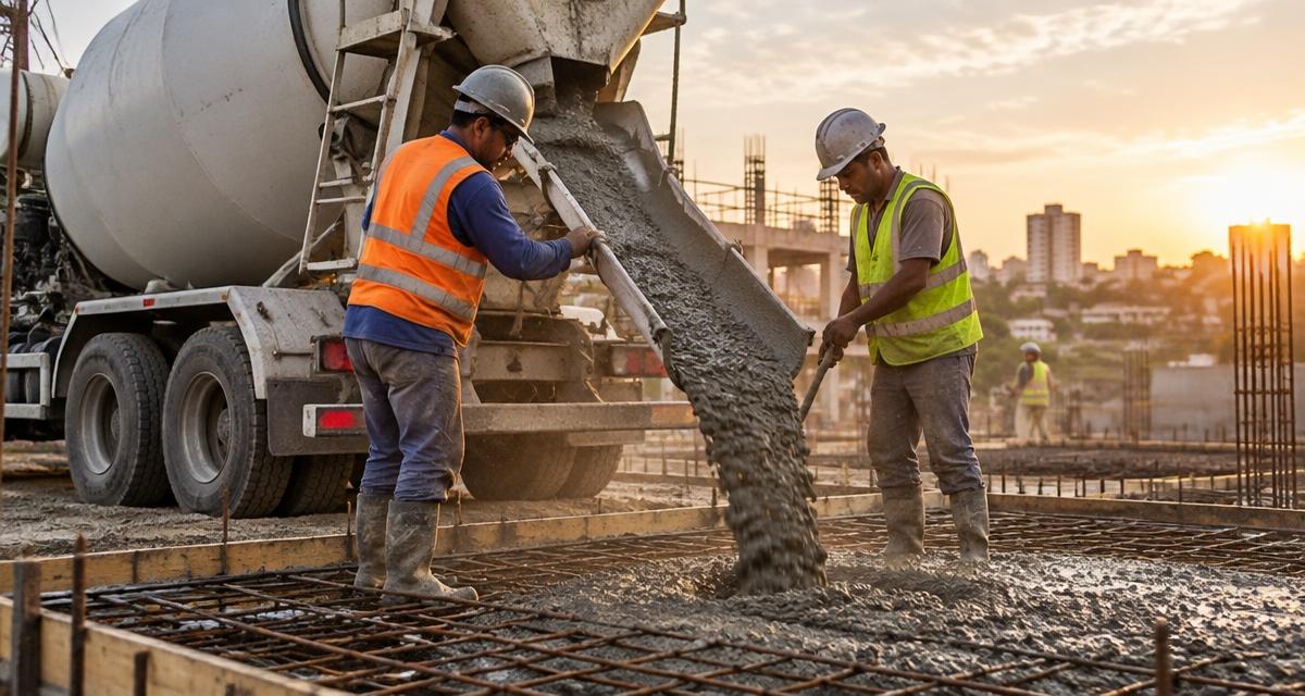 Caminhão-betoneira entregando concreto usinado em uma obra residencial